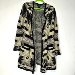 Lucky Brand Open Front Aztec Cardigan Sweater Women Tan Black Cozy Western